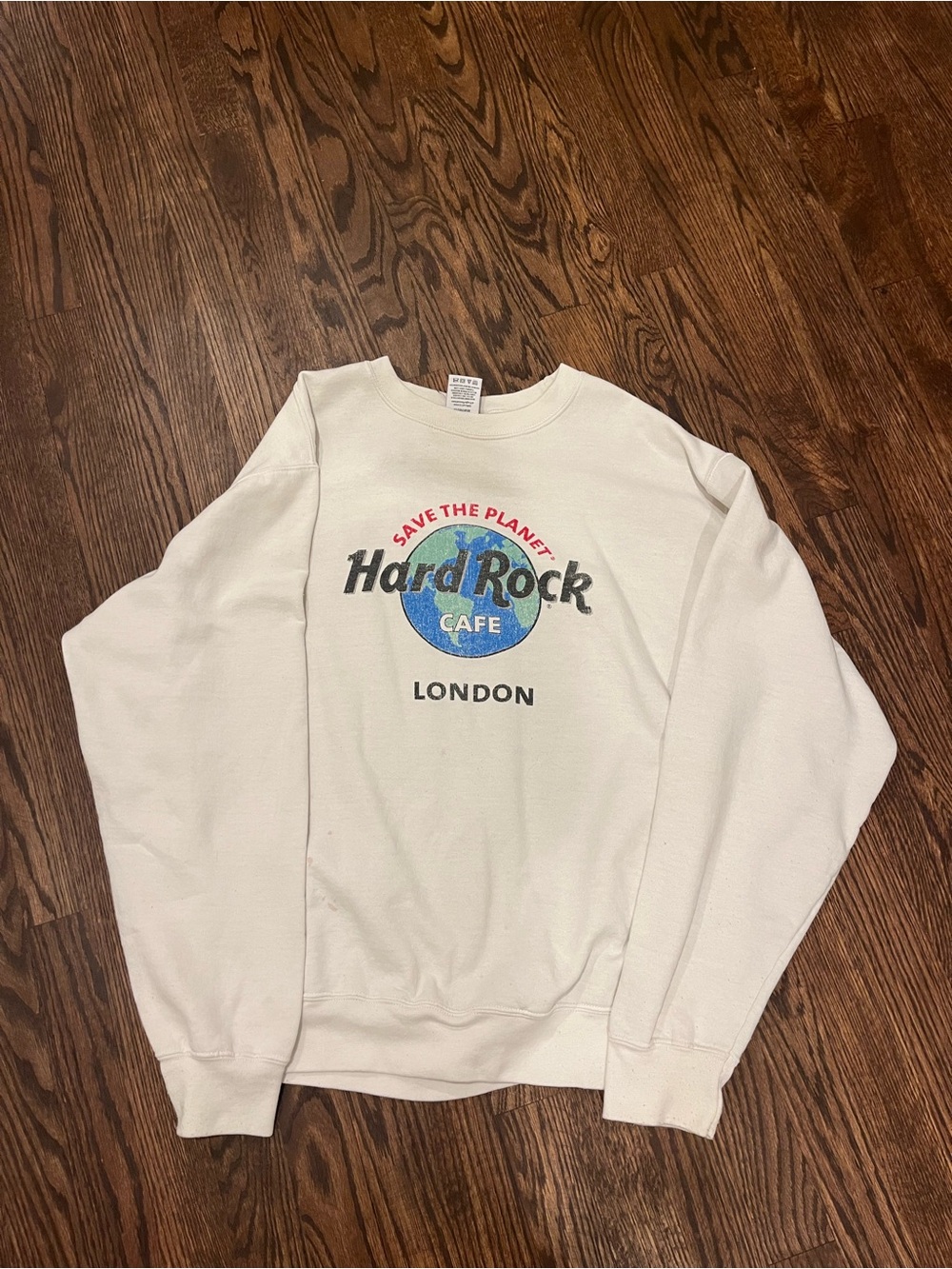 Hard Rock Cafe Cream London Crewneck with Blue & Red Globe Logo